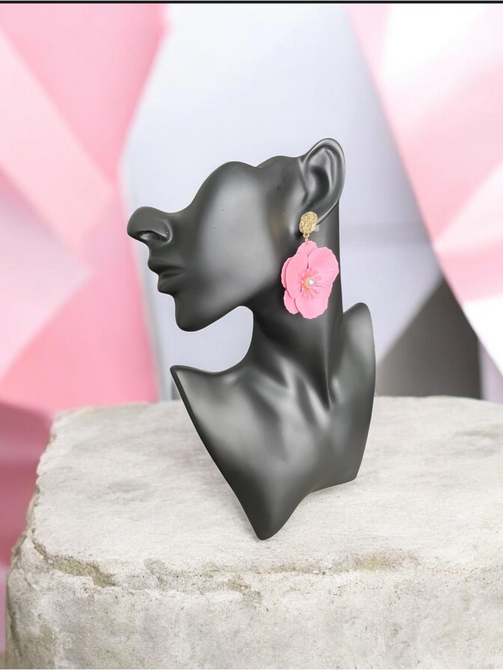 Pink Floral Drop Earrings with Gold Accent